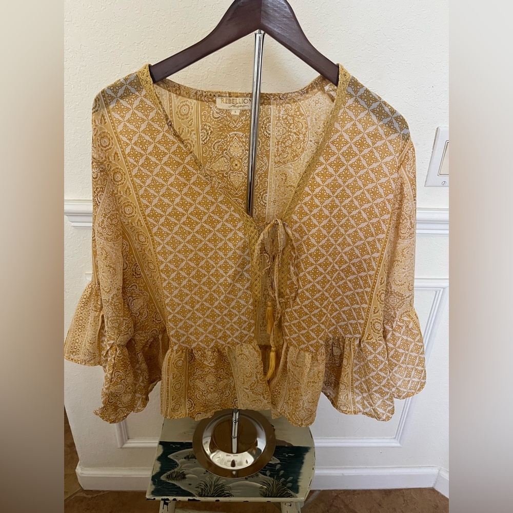 Rebellion Gold Flutter Sleeve Tie Front Blouse